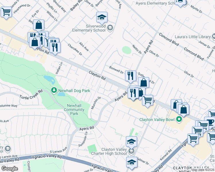 map of restaurants, bars, coffee shops, grocery stores, and more near 5030 Valley Crest Drive in Concord