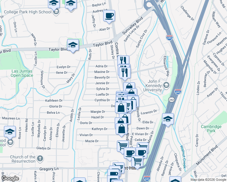map of restaurants, bars, coffee shops, grocery stores, and more near 113 Luella Drive in Pleasant Hill