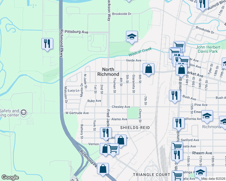 map of restaurants, bars, coffee shops, grocery stores, and more near 1555 Fred Jackson Way in Richmond
