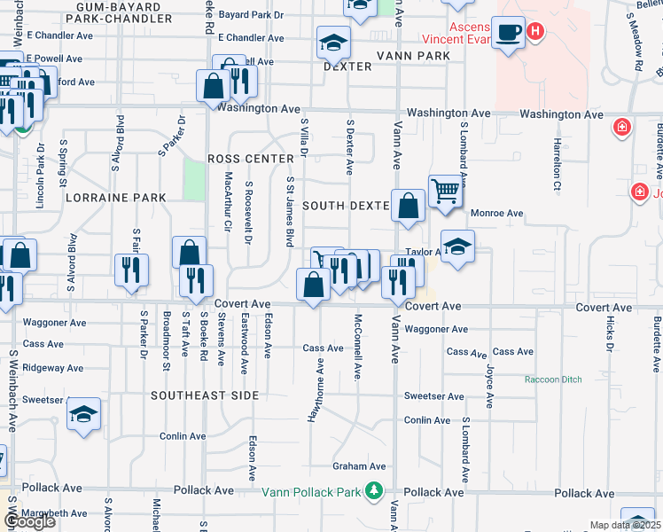 map of restaurants, bars, coffee shops, grocery stores, and more near 2905 Ravenswood Drive in Evansville