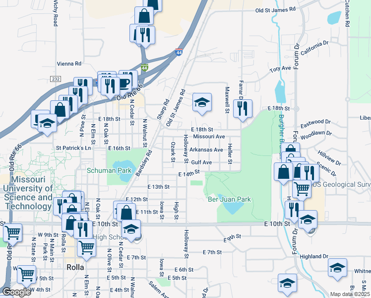 map of restaurants, bars, coffee shops, grocery stores, and more near 803 Gulf Avenue in Rolla