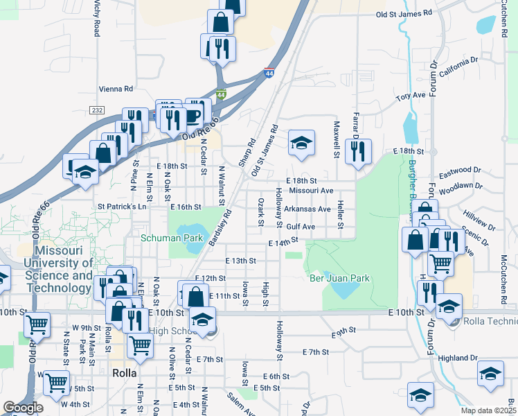 map of restaurants, bars, coffee shops, grocery stores, and more near 803 Gulf Avenue in Rolla