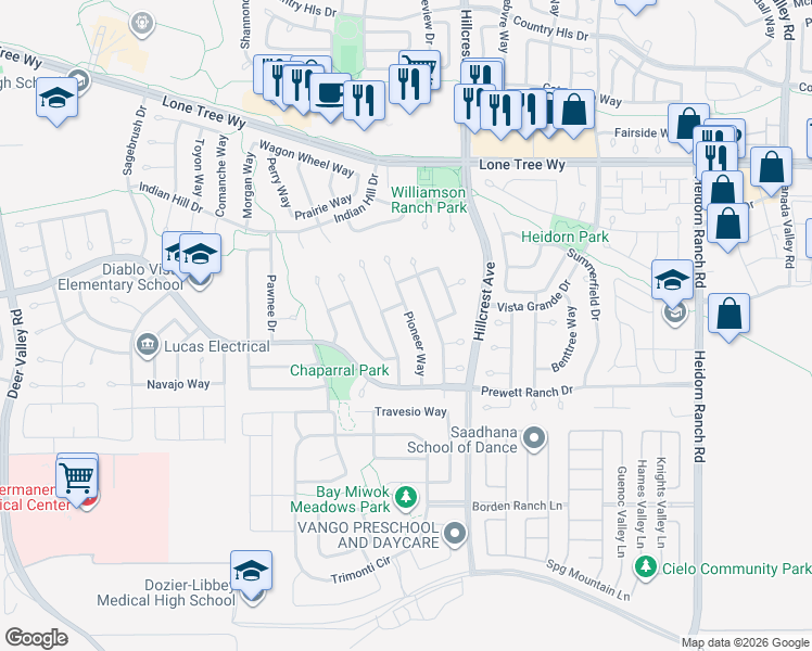 map of restaurants, bars, coffee shops, grocery stores, and more near 5132 Pioneer Way in Antioch