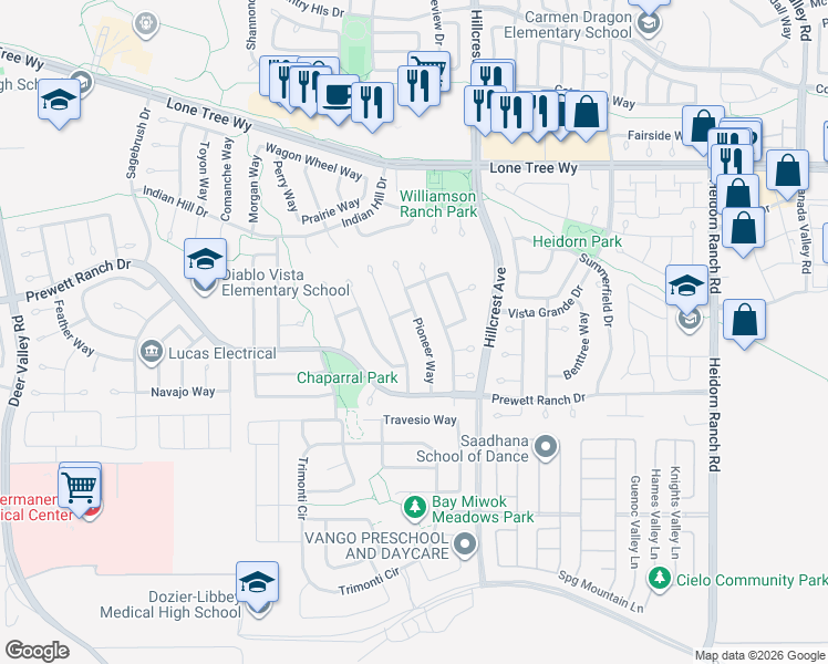 map of restaurants, bars, coffee shops, grocery stores, and more near 5132 Pioneer Way in Antioch