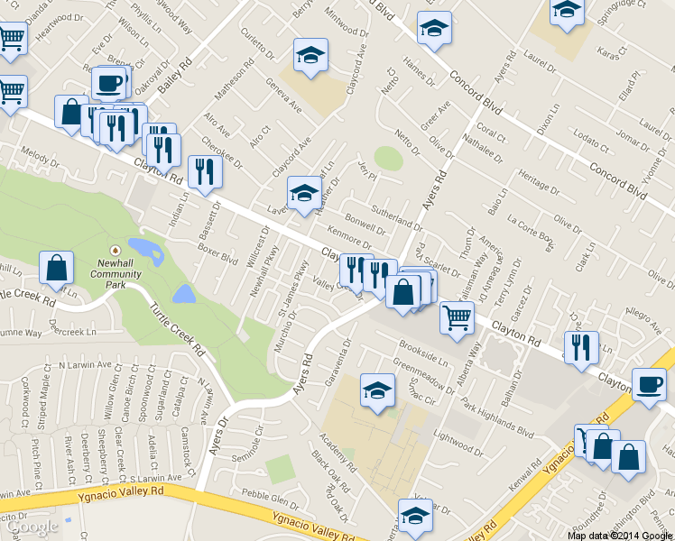 map of restaurants, bars, coffee shops, grocery stores, and more near 5055 Valley Crest Drive in Concord