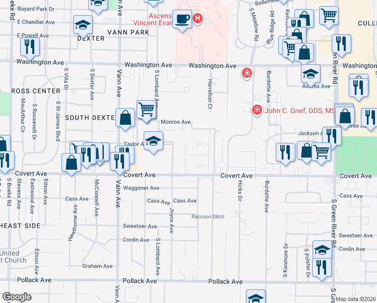 map of restaurants, bars, coffee shops, grocery stores, and more near 3700 Justus Court in Evansville