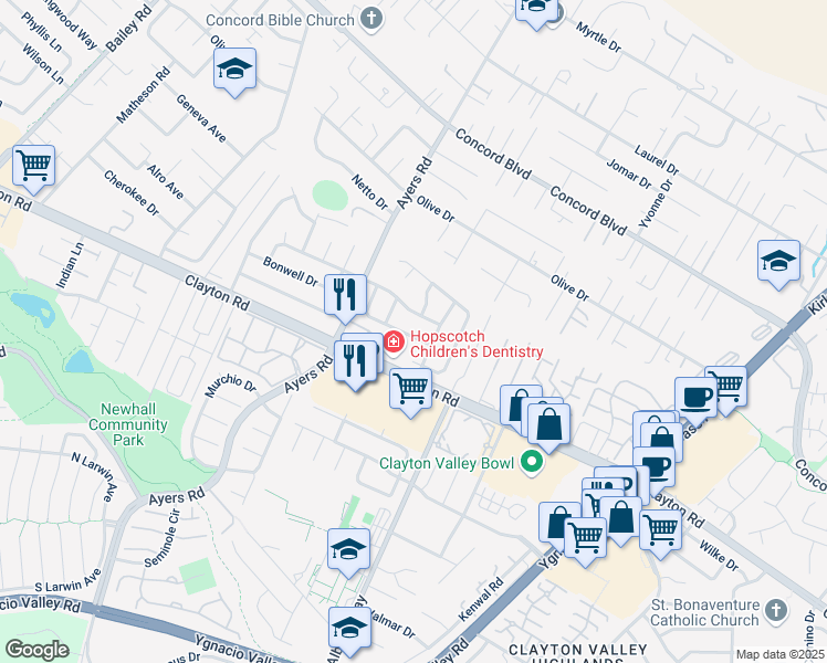 map of restaurants, bars, coffee shops, grocery stores, and more near 5179 Paul Scarlet Drive in Concord