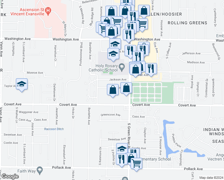 map of restaurants, bars, coffee shops, grocery stores, and more near 4521 Taylor Avenue in Evansville