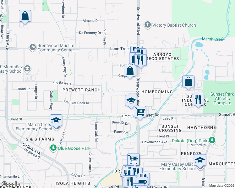 map of restaurants, bars, coffee shops, grocery stores, and more near 207 Brushwood Place in Brentwood