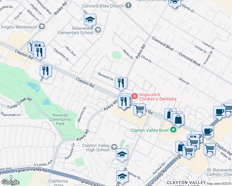map of restaurants, bars, coffee shops, grocery stores, and more near 5089 Clayton Road in Concord