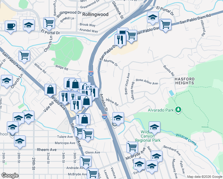 map of restaurants, bars, coffee shops, grocery stores, and more near 5451 Alpine Road in San Pablo