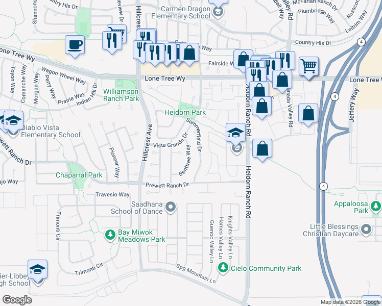 map of restaurants, bars, coffee shops, grocery stores, and more near 5430 Benttree Way in Antioch