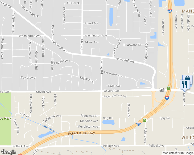 map of restaurants, bars, coffee shops, grocery stores, and more near 7600 Taylor Avenue in Evansville