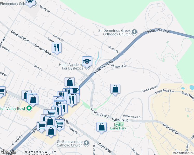 map of restaurants, bars, coffee shops, grocery stores, and more near 1845 Las Ramblas Drive in Concord