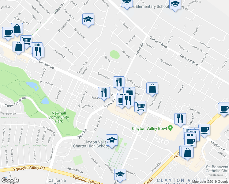 map of restaurants, bars, coffee shops, grocery stores, and more near 5095 Valley Crest Drive in Concord