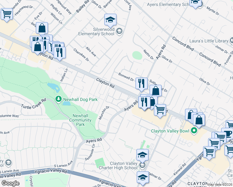 map of restaurants, bars, coffee shops, grocery stores, and more near 5030 Valley Crest Drive in Concord