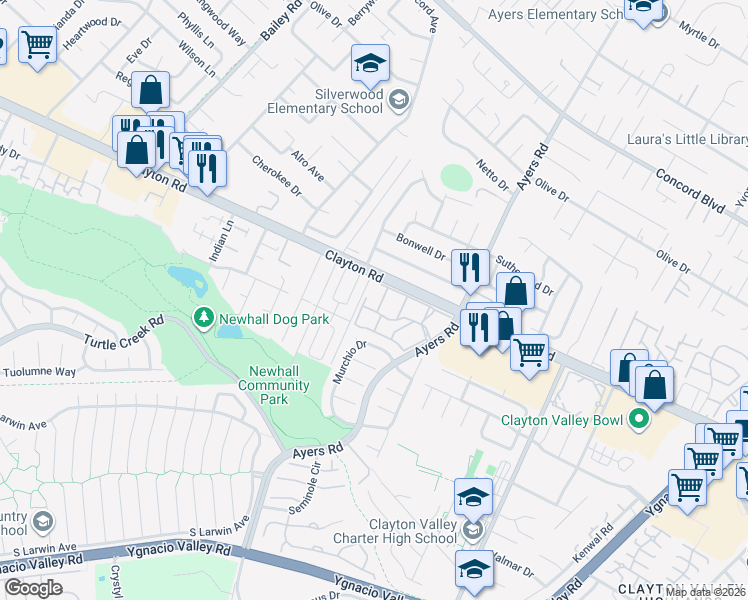 map of restaurants, bars, coffee shops, grocery stores, and more near 5030 Valley Crest Drive in Concord