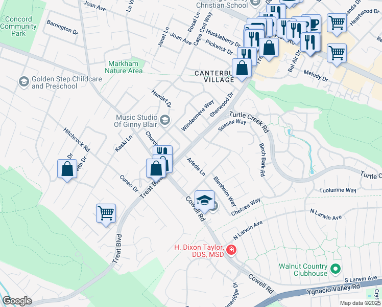 map of restaurants, bars, coffee shops, grocery stores, and more near 4306 Arleda Lane in Concord