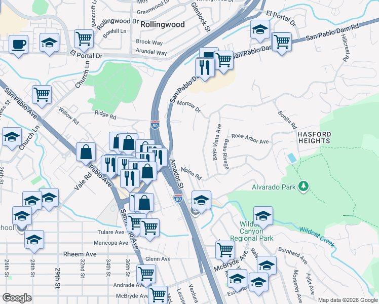 map of restaurants, bars, coffee shops, grocery stores, and more near 5451 Alpine Road in San Pablo