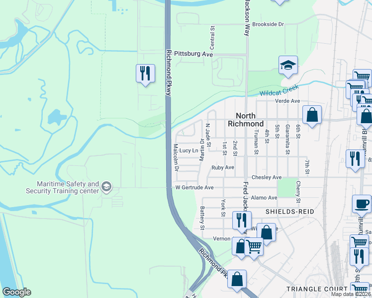 map of restaurants, bars, coffee shops, grocery stores, and more near 124 Reid Lane in Richmond