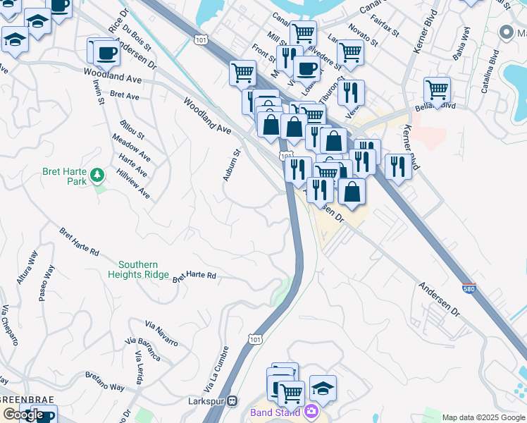 map of restaurants, bars, coffee shops, grocery stores, and more near 17 Albion Street in San Rafael