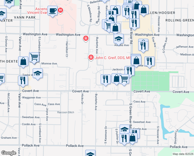 map of restaurants, bars, coffee shops, grocery stores, and more near 4355 Ravenswood Drive in Evansville