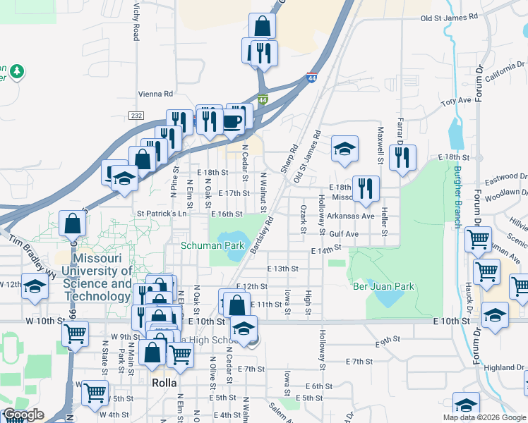 map of restaurants, bars, coffee shops, grocery stores, and more near 1607 North Walnut Street in Rolla
