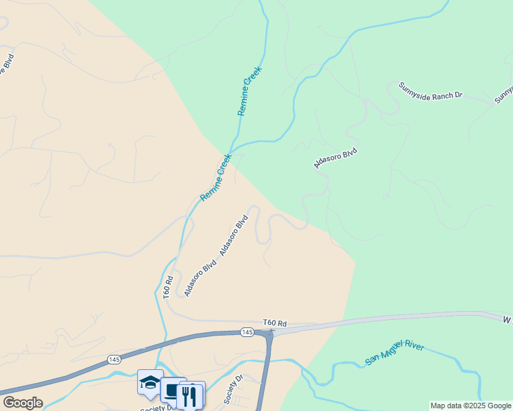 map of restaurants, bars, coffee shops, grocery stores, and more near Aldasoro Boulevard in Telluride