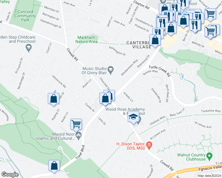 map of restaurants, bars, coffee shops, grocery stores, and more near 4227 Churchill Drive in Concord