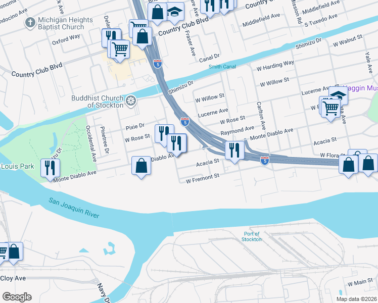 map of restaurants, bars, coffee shops, grocery stores, and more near Monte Diablo Avenue in Stockton