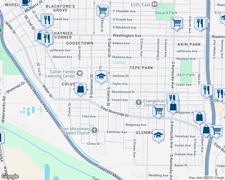 map of restaurants, bars, coffee shops, grocery stores, and more near 610 Taylor Avenue in Evansville