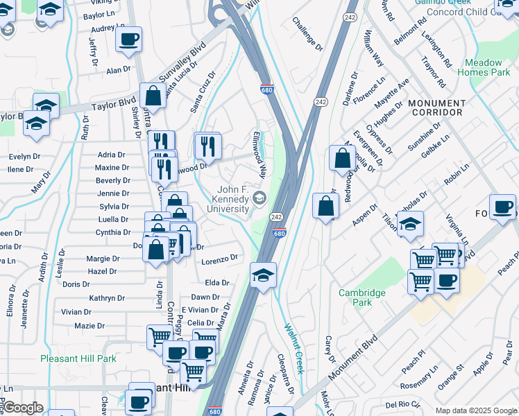 map of restaurants, bars, coffee shops, grocery stores, and more near 901 Oakside Court in Pleasant Hill