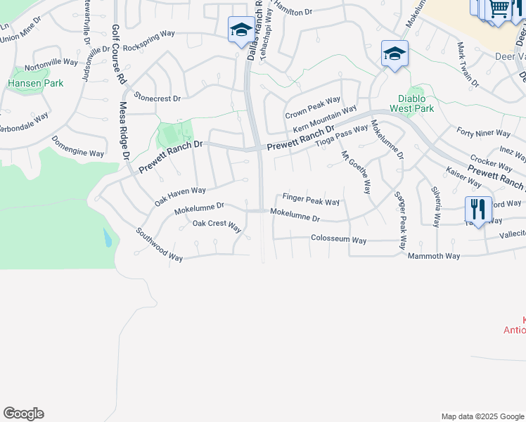 map of restaurants, bars, coffee shops, grocery stores, and more near Dallas Ranch Road & Mokelumne Drive in Antioch