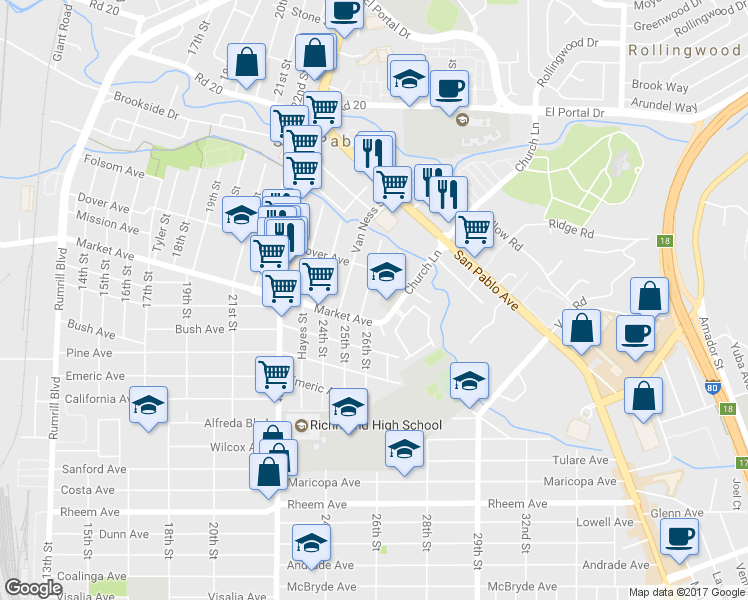 map of restaurants, bars, coffee shops, grocery stores, and more near 1840 Pullman Street in San Pablo