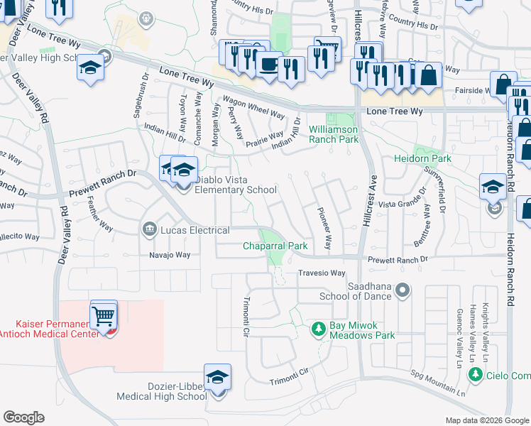 map of restaurants, bars, coffee shops, grocery stores, and more near 5144 Hereford Way in Antioch
