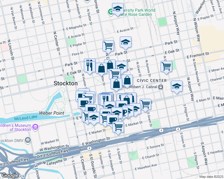 map of restaurants, bars, coffee shops, grocery stores, and more near 344 North California Street in Stockton