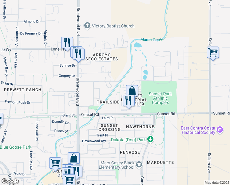 map of restaurants, bars, coffee shops, grocery stores, and more near 2043 Trailside Drive in Brentwood