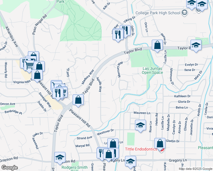 map of restaurants, bars, coffee shops, grocery stores, and more near 19 Barton Court in Pleasant Hill