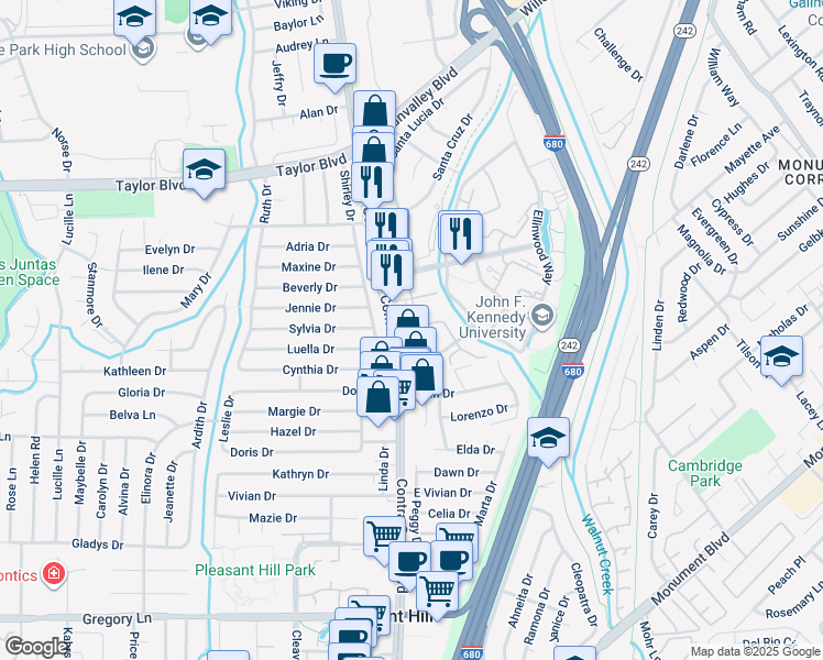 map of restaurants, bars, coffee shops, grocery stores, and more near 1460 Contra Costa Boulevard in Pleasant Hill