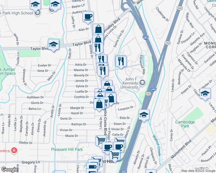 map of restaurants, bars, coffee shops, grocery stores, and more near 1460 Contra Costa Boulevard in Pleasant Hill