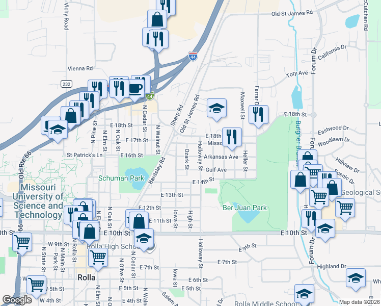 map of restaurants, bars, coffee shops, grocery stores, and more near 809 Missouri Avenue in Rolla