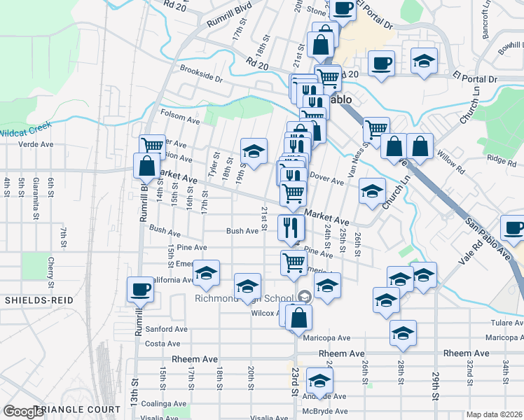 map of restaurants, bars, coffee shops, grocery stores, and more near 2029 Sutter Avenue in San Pablo