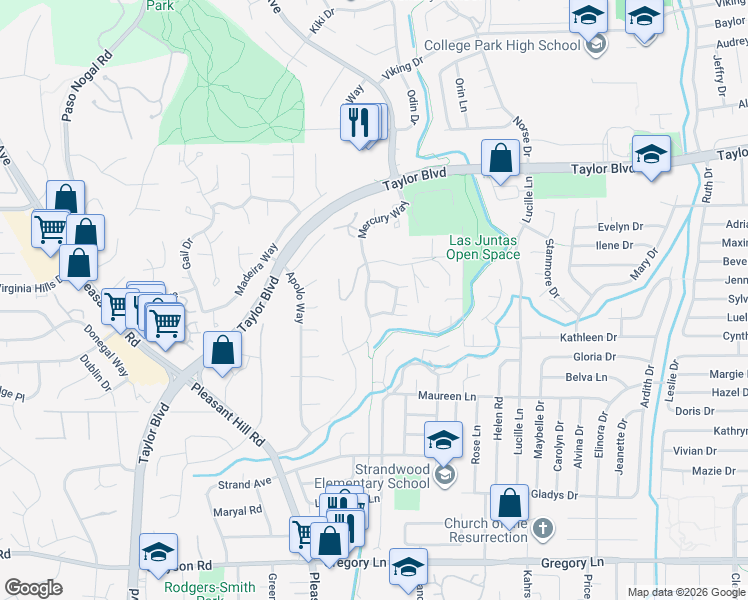 map of restaurants, bars, coffee shops, grocery stores, and more near 318 Mercury Way in Pleasant Hill