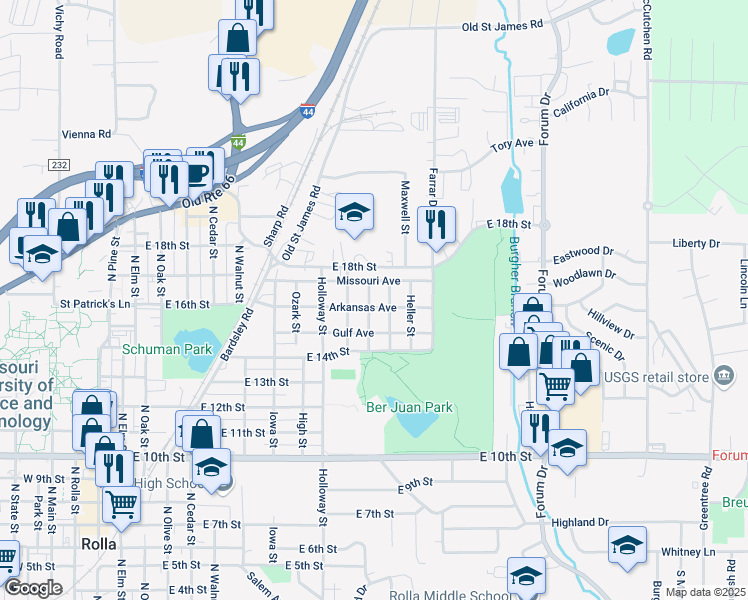 map of restaurants, bars, coffee shops, grocery stores, and more near 1602 Leroy Street in Rolla