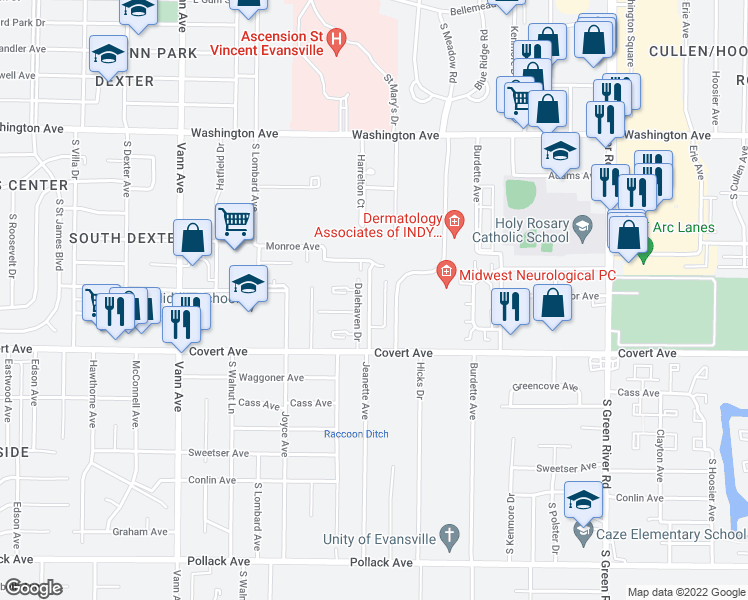 map of restaurants, bars, coffee shops, grocery stores, and more near 1414 Jeanette Avenue in Evansville