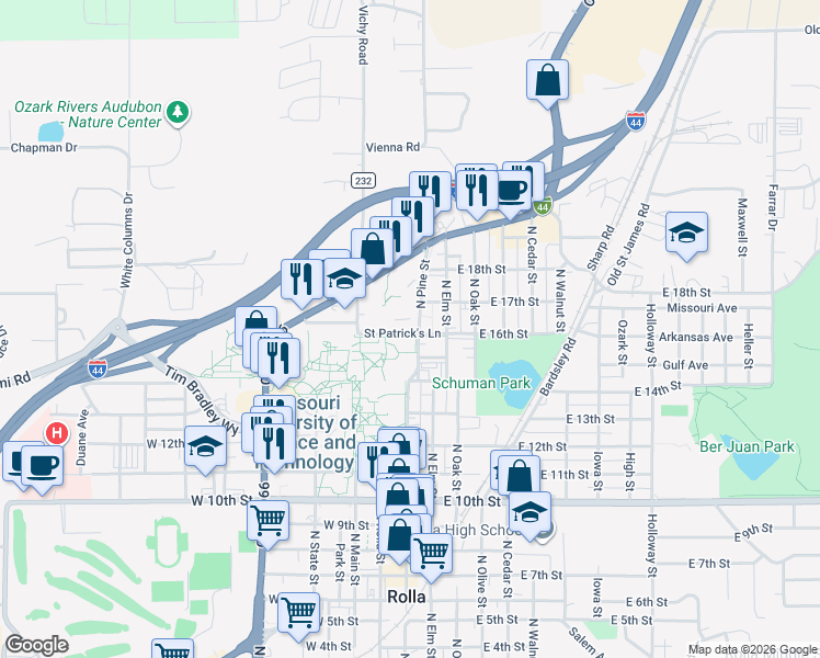 map of restaurants, bars, coffee shops, grocery stores, and more near 1601 North Pine Street in Rolla