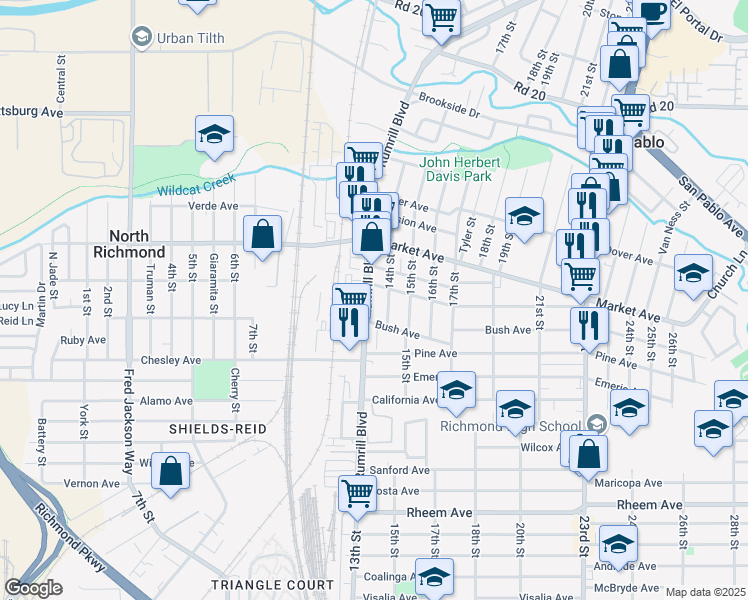 map of restaurants, bars, coffee shops, grocery stores, and more near 1640 Rumrill Boulevard in San Pablo