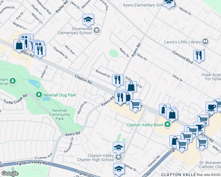 map of restaurants, bars, coffee shops, grocery stores, and more near 5077 Kenmore Drive in Concord
