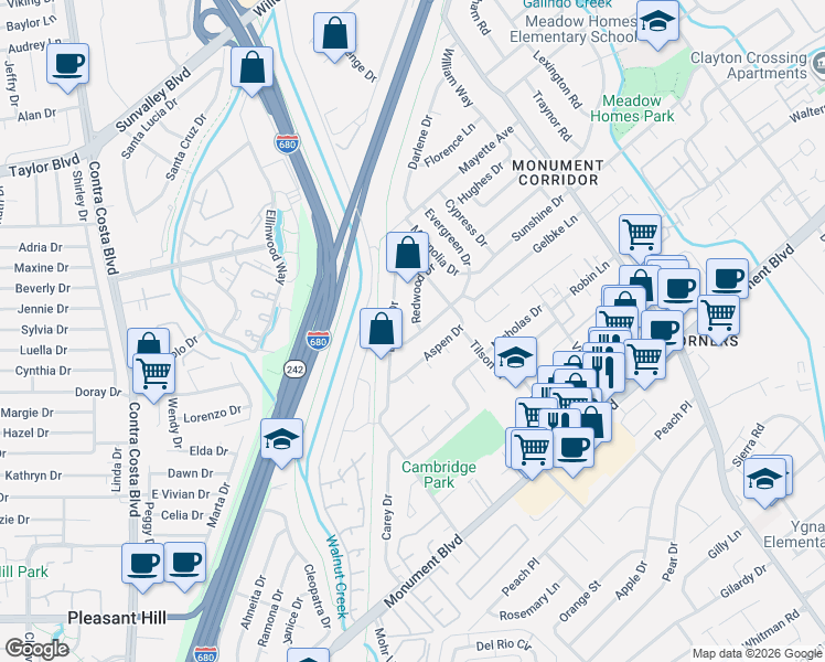 map of restaurants, bars, coffee shops, grocery stores, and more near 1226 Redwood Drive in Concord