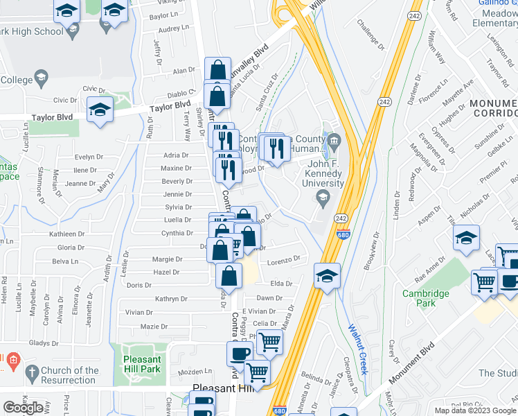 map of restaurants, bars, coffee shops, grocery stores, and more near 200-800 Longbrook Way in Pleasant Hill
